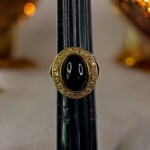 Unbranded Jewelry - Sterling Silver 925 Women's Vermeil Silver Ring w/ Black Cabochon-Cut, Size 7